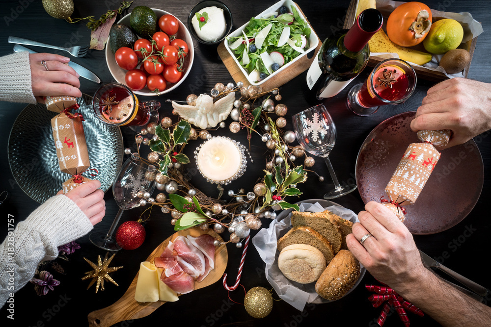 festive christmas table food hands celebration drink