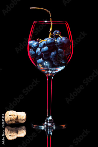 Elegant silhouette wine glass with cluster of red grapes and traditional cork