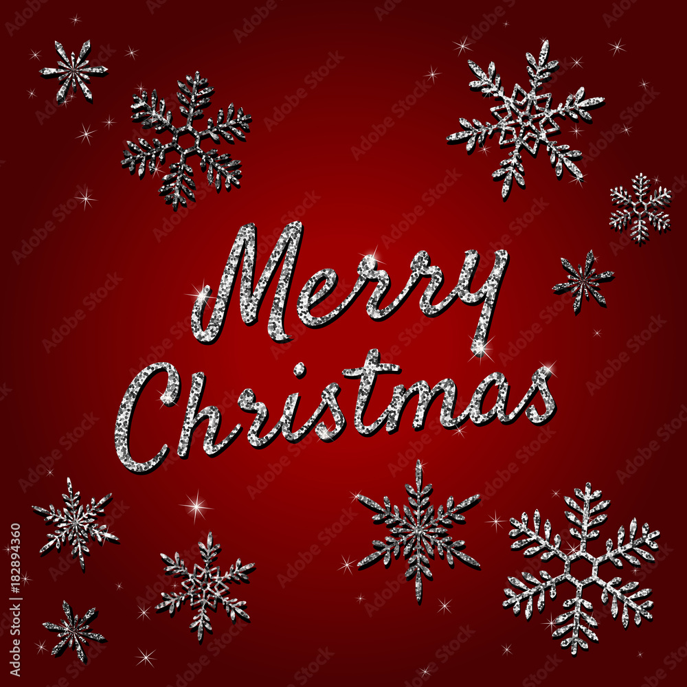 Merry Christmas holiday vector with silver glitter letters, shiny snowflakes
