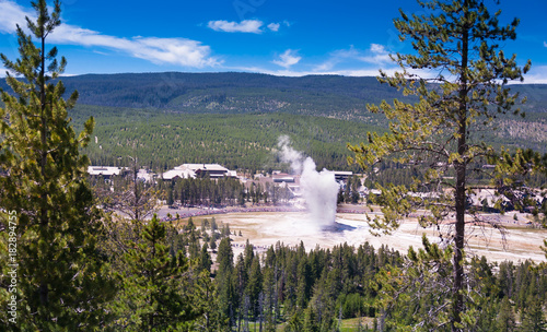 Panoramic view of the geyser Old Faithful in the Yellowstone national park
