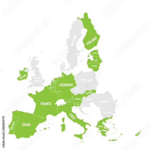 Map of Eurozone. States using Euro currency. Grey vector map of EU member states with green highlighted Eurozone countries. photo