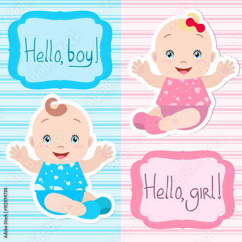 Lovely twins: babies boy and girl sitting, holding out hands, smiling. A frame with an inscription. Card, invitation, baby shower.