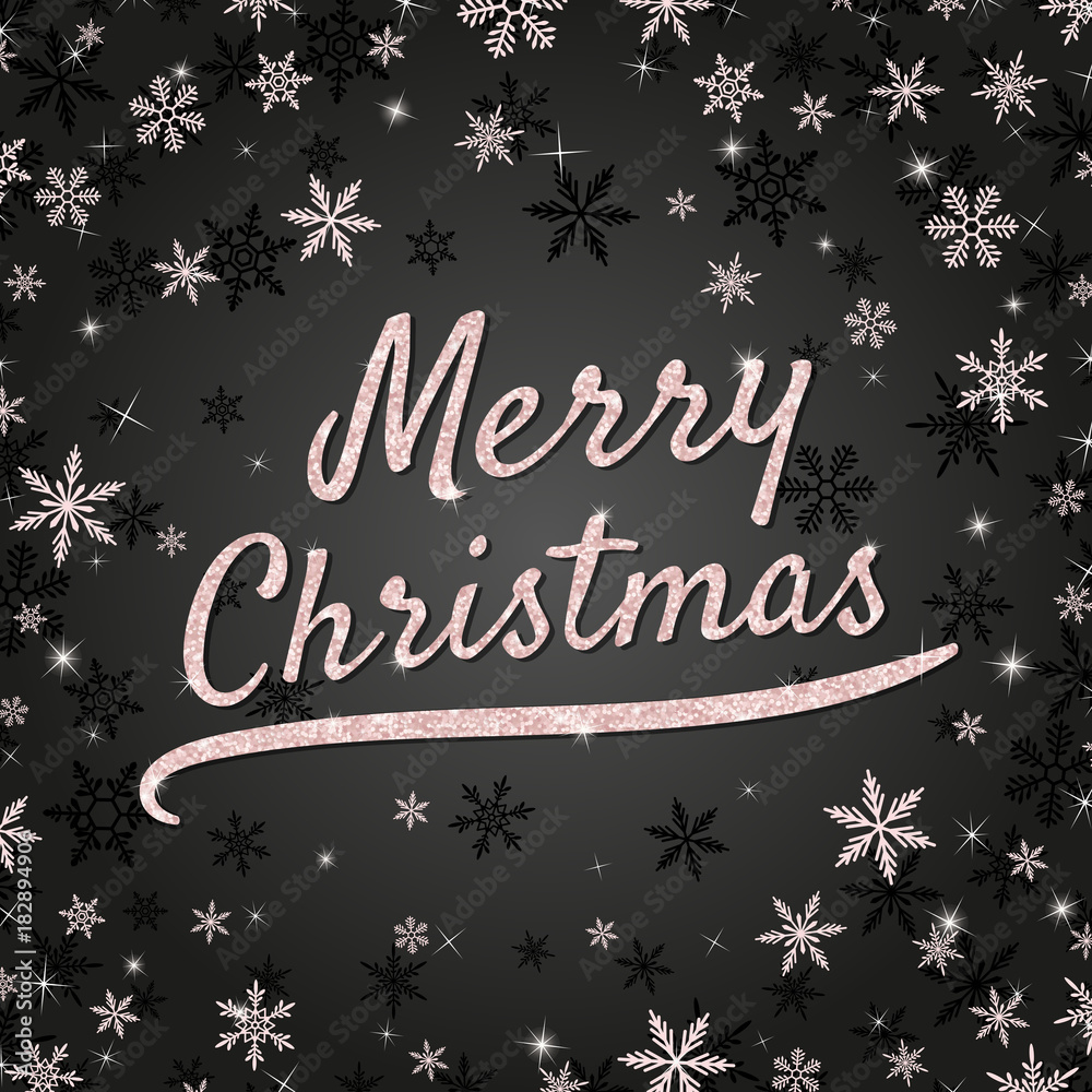 Merry Christmas greeting card with shiny pink glittering text. Xmas vector