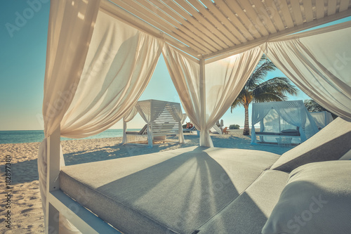 Fototapeta Naklejka Na Ścianę i Meble -  Luxury beach scene. Sea view and clear blue sky