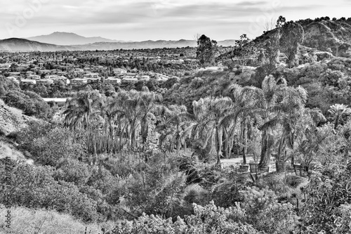 Black and white HDR filter Southern California suburbs and mountains