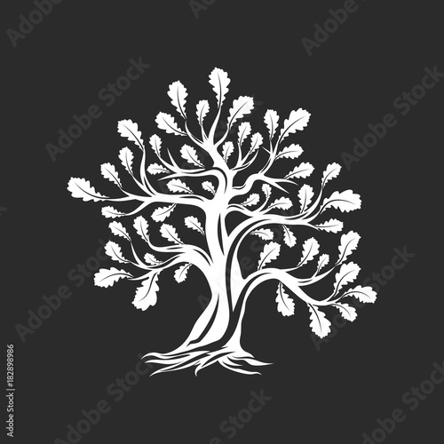 Huge and sacred oak tree silhouette logo isolated on dark background. Modern vector national tradition green plant icon sign design. 
Premium quality organic logotype flat emblem illustration.