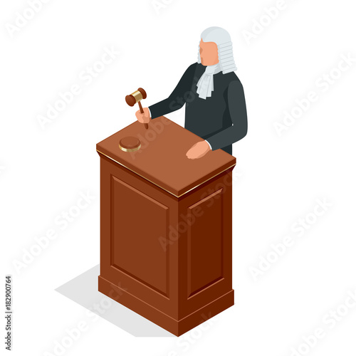 Isometric male judge in a wig with a hammer. Law and justice concept. Vector illustration.