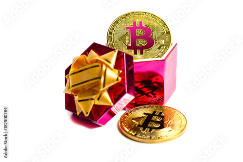 Coin bitcoin in a gift box for a ring or jewelry the concept of crypto currency the best gift photo