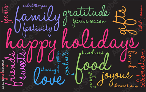 Happy Holidays Word Cloud on a black background. 