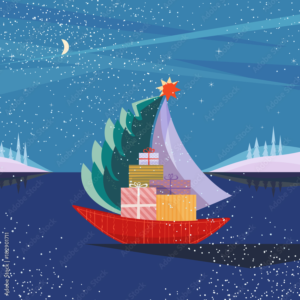 Christmas sailboat on sea Stock-Vektorgrafik | Adobe Stock