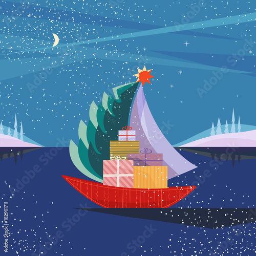 Christmas sailboat on sea