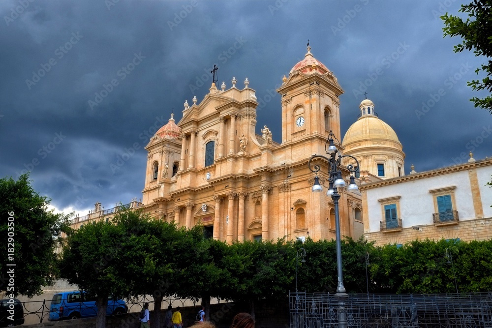 Cathedral in Noto with clouds, Sicily