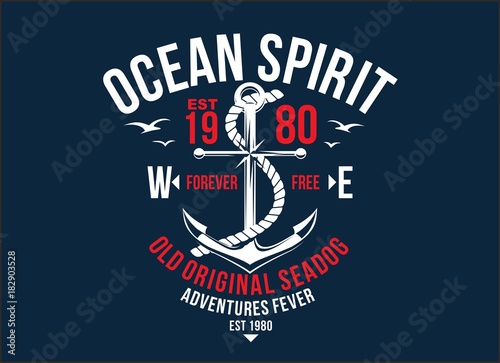 T-shirt graphic print nautical marine theme the ocean spirit serigraphy stencil cool vector design classic vintage template