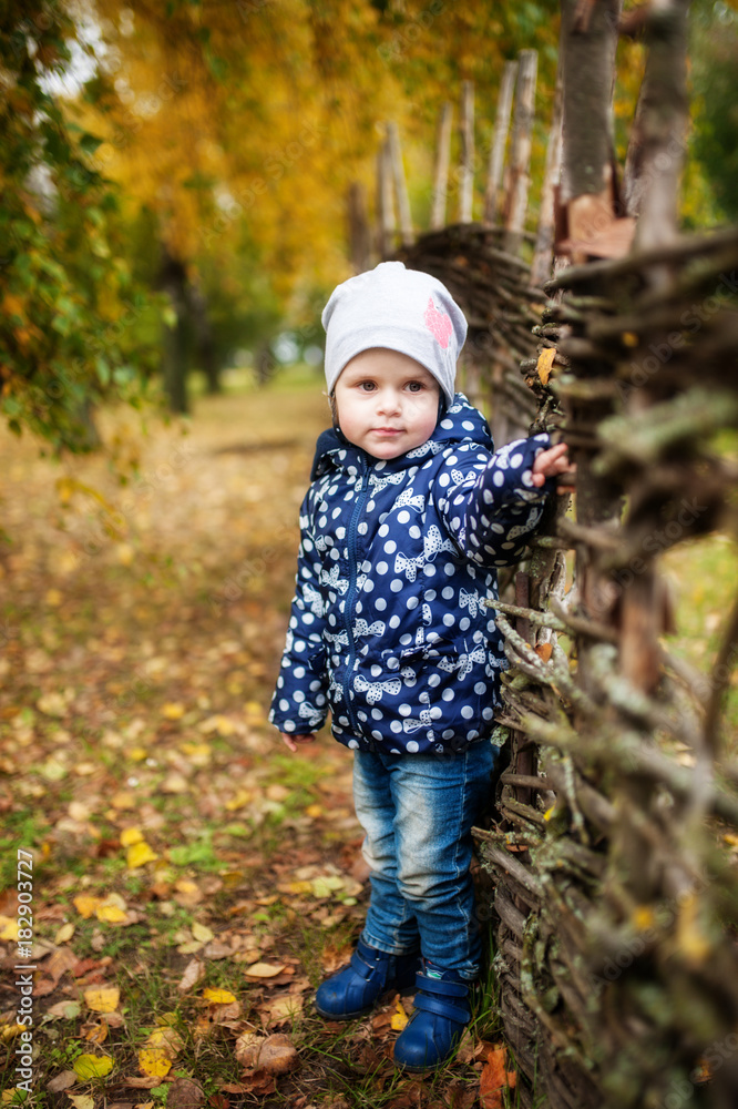 baby clings to a wooden fence woven among the autumn forest baby clings to a wooden fence woven among the autumn forest