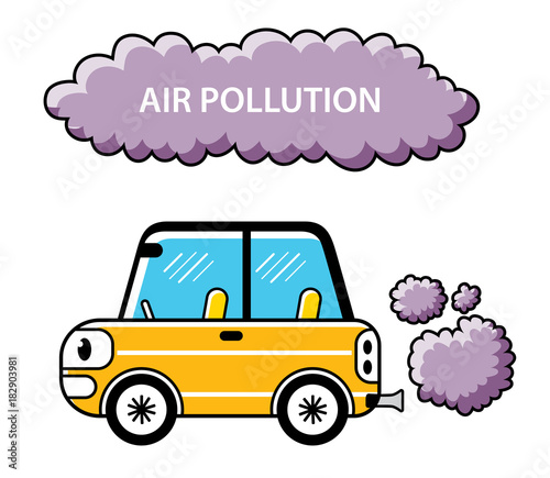Car with exhaust smoke clouds isolated, air pollution vector illustration.