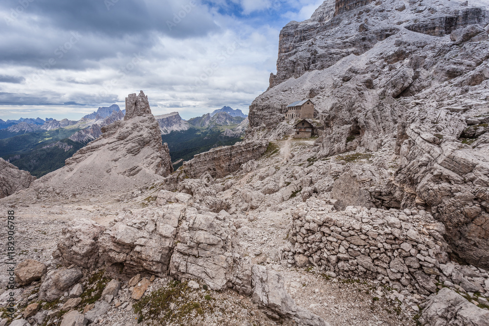 View of  Cantore mountain hut ruines and first world war posts near Fontananegra Pass, theater of fierce fighting in 1915 - 16, Tofane, Dolomites, Italy