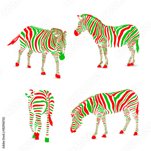 Set of colorful zebra. Wild animal texture, striped red and green.  Illustration isolated on white background. Stock Vector | Adobe Stock
