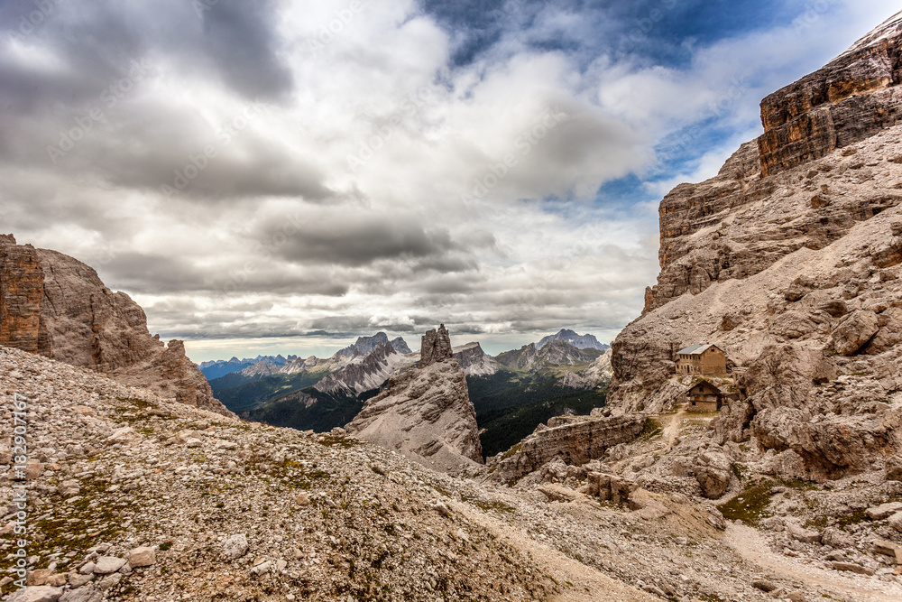 View of  Cantore mountain hut ruines with awesome dolomitic background, Tofane, Dolomites, Italy