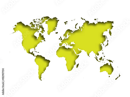 Map of World cut into paper with inner shadow isolated on green background. Vector illustration with 3D effect.