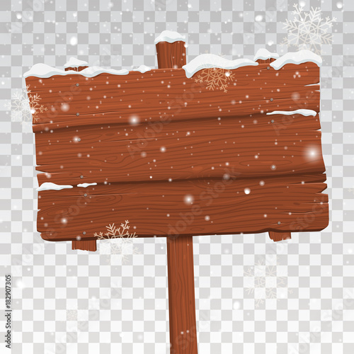 Wooden Signboard in Snow isolated on transparent background. Falling snow illustration. Winter holiday background for your text. Vector eps 10. photo