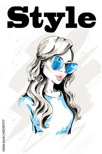 Hand drawn beautiful woman portrait. Fashion lady in sunglasses. Stylish young woman. Cute blond hair girl. Sketch.