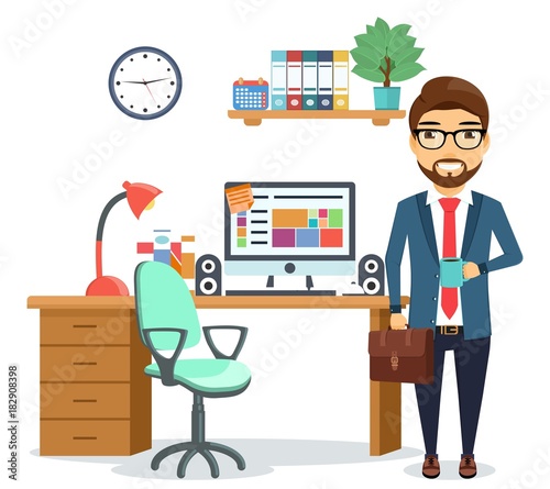 A young guy with a mug of coffee in his hand standing next to his work space. Office work and professionalism. Office supplies. Business and Finance. In flat style on white background. Cartoon.