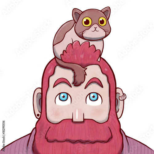 Naklejka na ścianę Różowy brodaty mężczyzna z kotem na głowie
