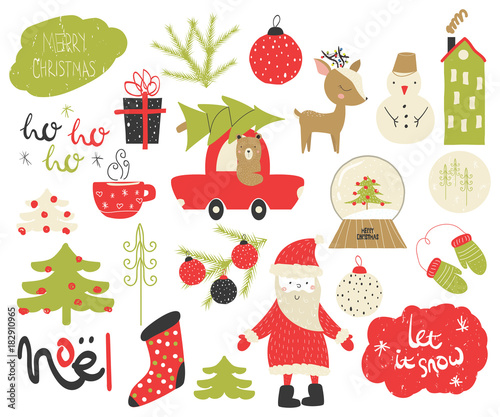 Funny doodle christmas set. Holiday graphic elements. Vector hand drawn illustration.