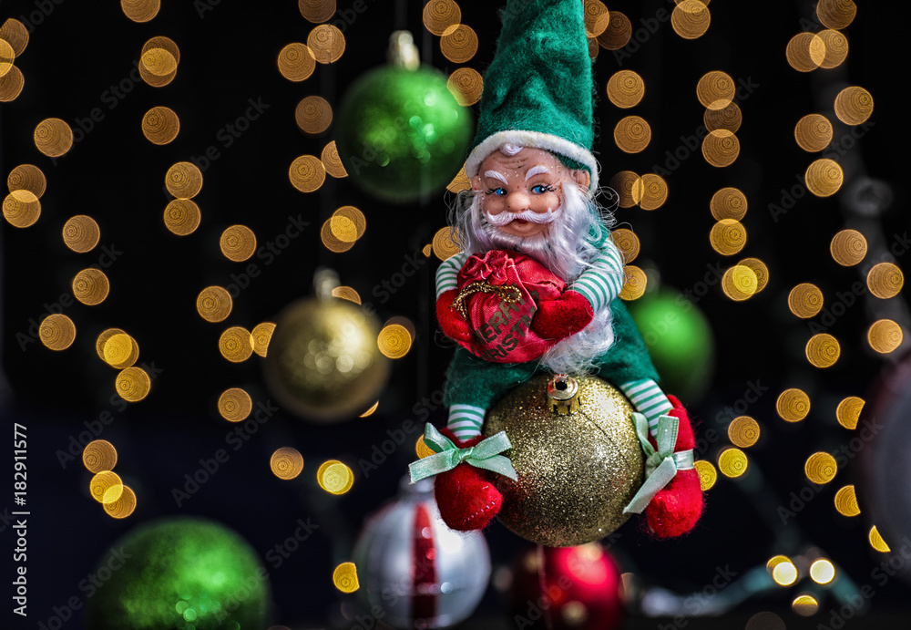 Christmas ornaments on defocused lights