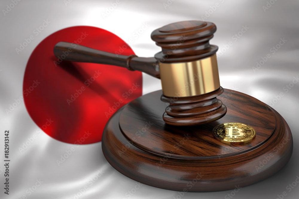 Bitcoin and judge gavel laying on flag of Japan. Bitcoin legal situation in Japan concept. 3D rendering Bitcoin and judge gavel laying on flag of Japan. Bitcoin legal situation in Japan concept. 3D rendering