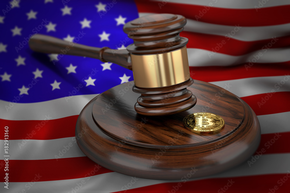 Bitcoin and judge gavel laying on flag of USA. Bitcoin legal situation in USA concept. 3D rendering