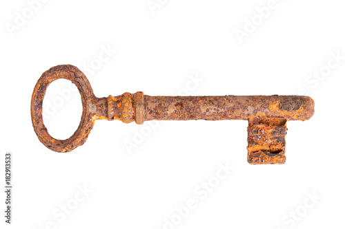 Old rusty key on a white background