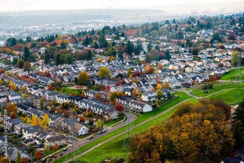 Seattle Urban Sprawl with colorful trees in autumn - aerial