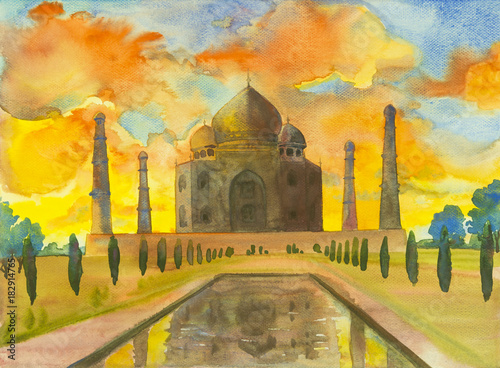 Watercolor painting landscape of archaeological site in the Taj Mahal. photo