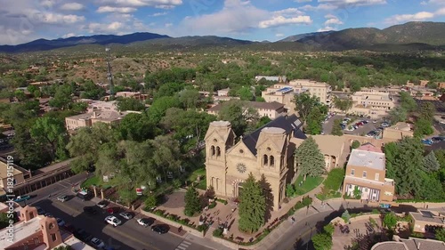 Santa Fe NM, Historic St. Francis Cathedral Basilica - 01 Cool aerials and motion stabilized shots of the central historic district. Some clips are sequential for edits. photo