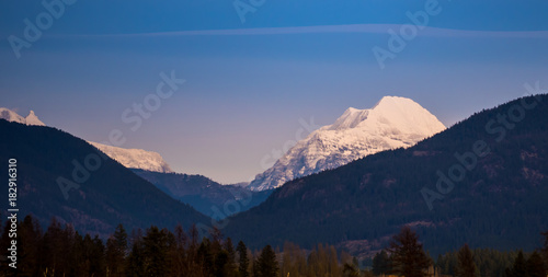 The view of the peaks of Glacier National Park through Bad Rock Canyon from the Flathead Valley in Montana.