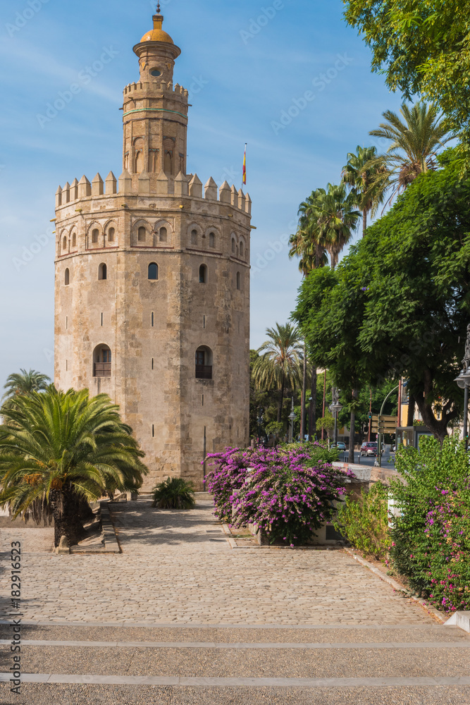 Golden tower or Torre del Oro along the Guadalquivir river, Seville, Andalusia, Spain.