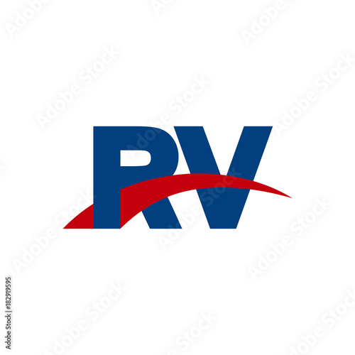 Initial letter RV, overlapping movement swoosh logo, red blue color
