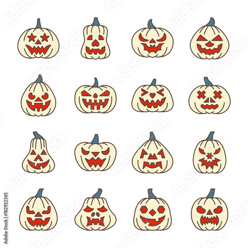 Halloween pumpkin with carving face line icon set