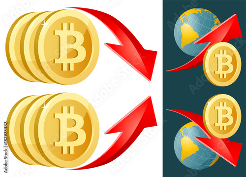 Bitcoin symbol with up and down rate arrows. Vector illustration. On dark background and isolated on white. Elements is grouped. No transparent objects.