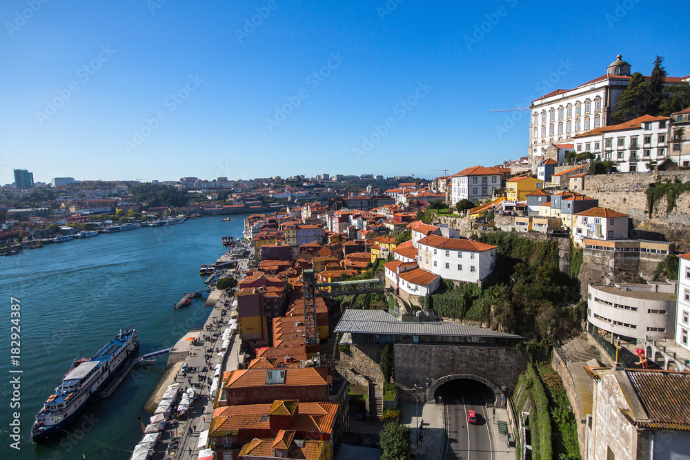 Douro river and Ribeira from Dom Luis I bridge, Porto, Portugal..