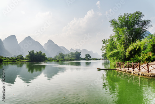 Beautiful view of the Yulong River and karst mountains, Yangshuo