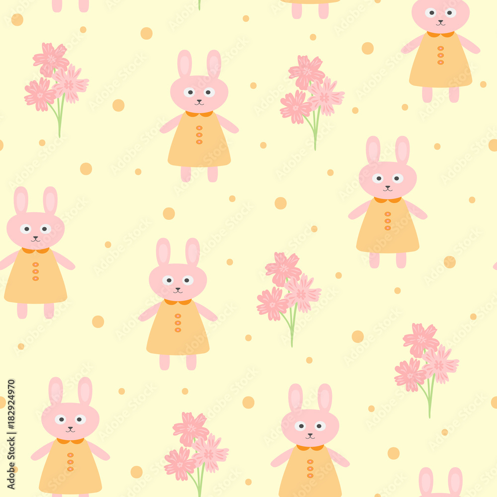 Flowers and little rabbits in dress. Cute seamless pattern for children. Pink, yellow, orange, green, black, gray colour.