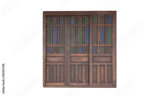 A rustic wooden window is a white background