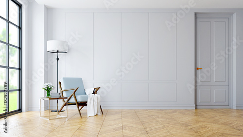 Modern interior of living room, blue armchair near black lamp and wood table  on parguet flooring and dark white wall  ,3d rendering