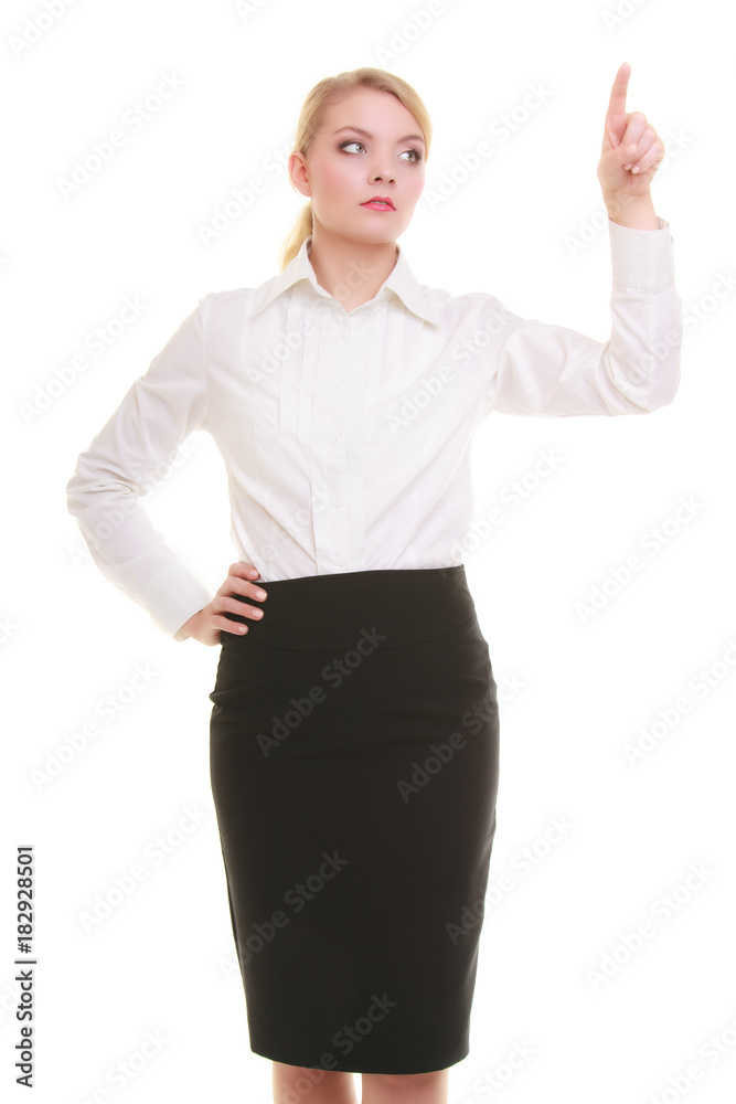 Business woman pressing button or pointing isolated Business woman pressing button or pointing isolated