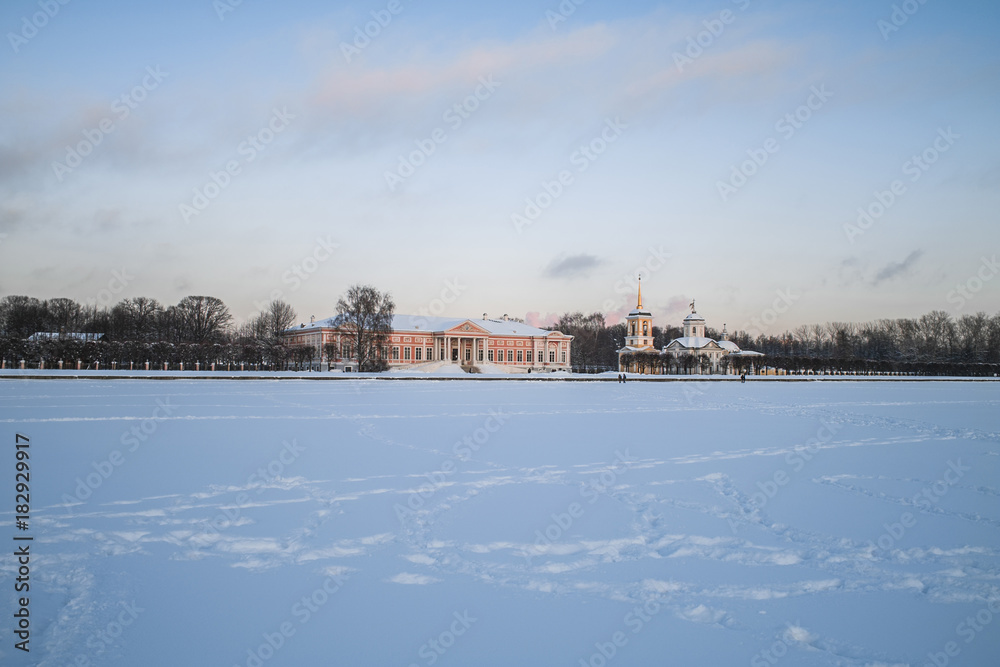 The Great Palace of the Kuskovo Estate sunset view at winter, Moscow, Russia