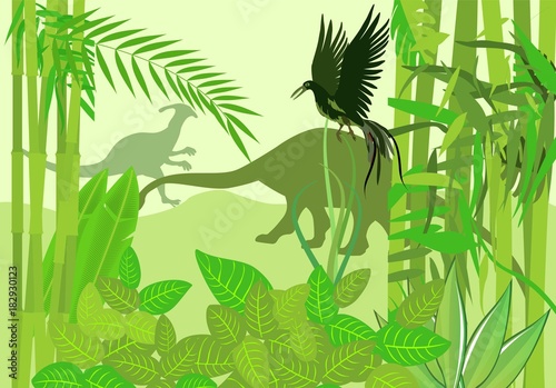 Prehistoric wildlife scene, dinosaurs silhouettes in the ancient forest, vector.