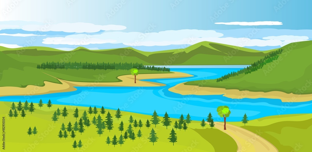  Nature landscape view, river among hills, mountains in horizon,  horizontal vector illustration