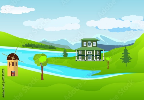 Beutifall house at green hills, countryside vector landscape vector.